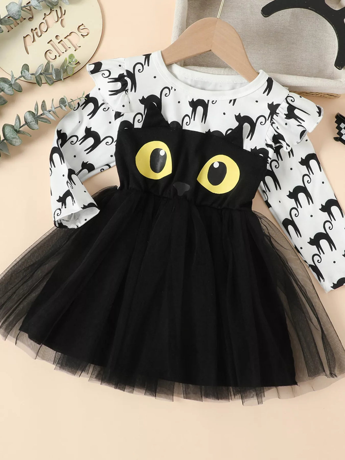 Children's Halloween Cat Eye Ruffle Tulle Dress