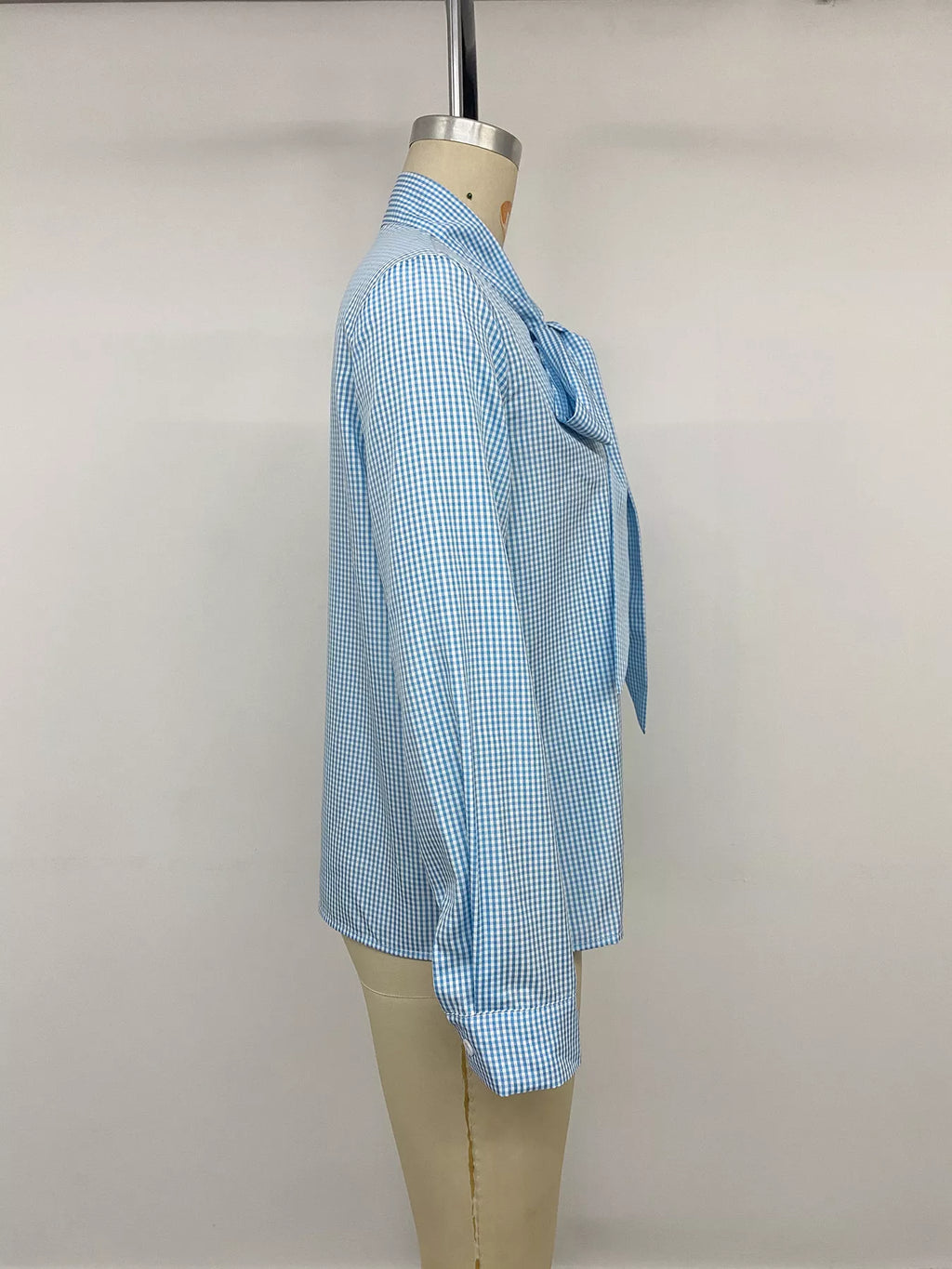 Gingham Bow-Tie Neck Long Sleeve Shirt