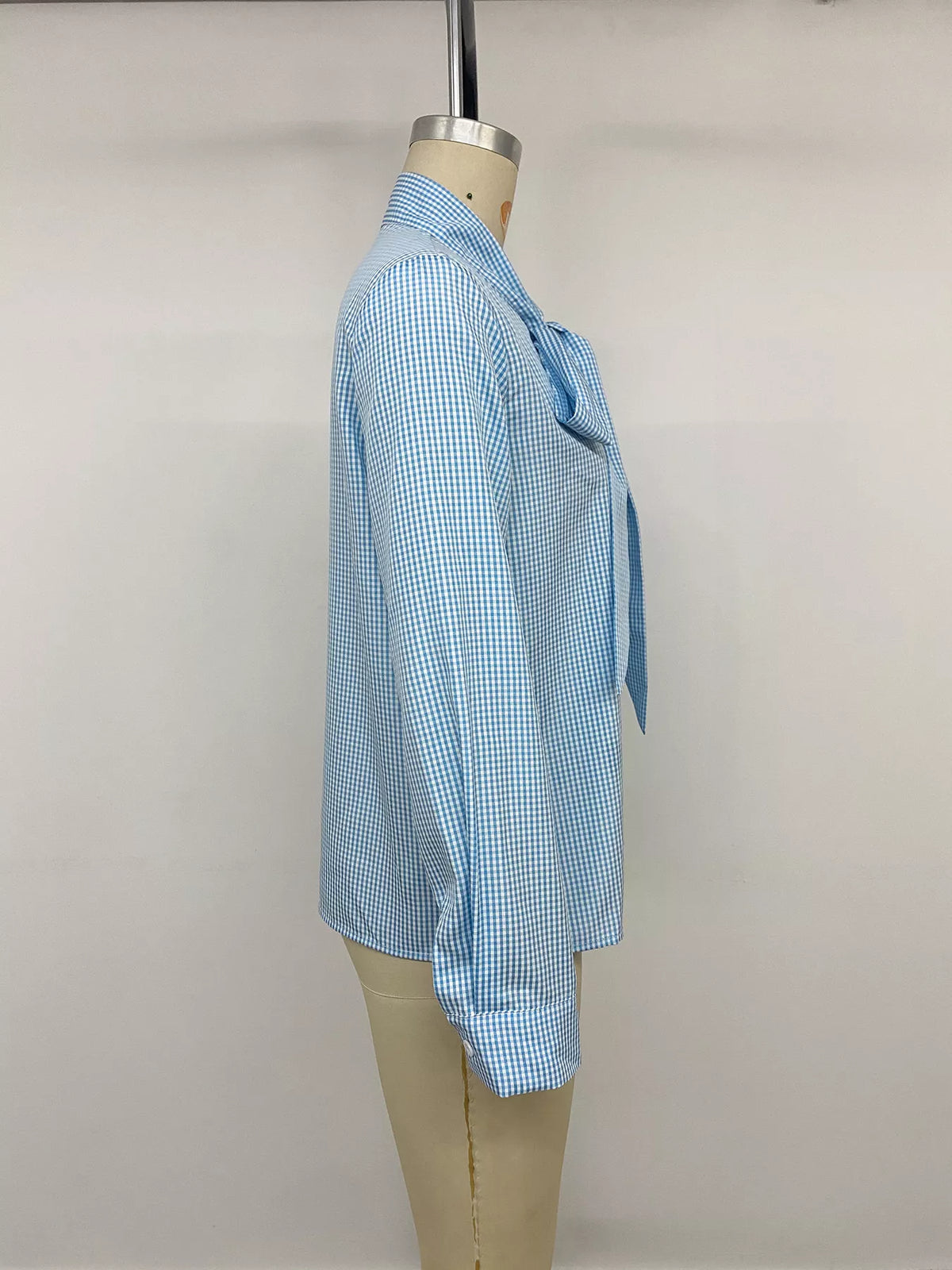 Gingham Bow-Tie Neck Long Sleeve Shirt