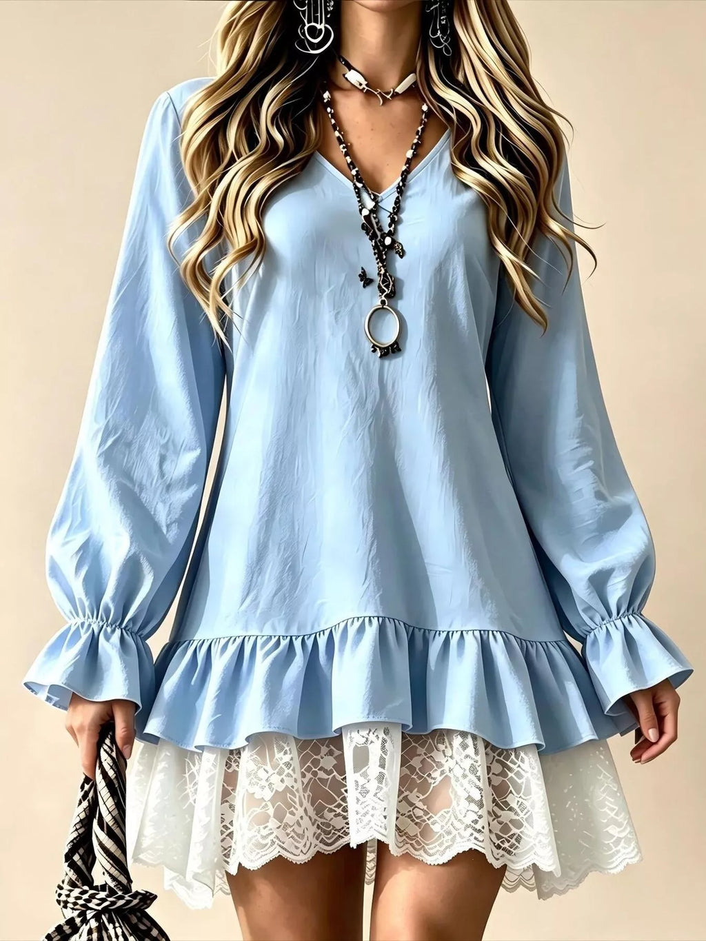 V-Neck Long Sleeve Ruffle Hem Lace Trim Mini Dress