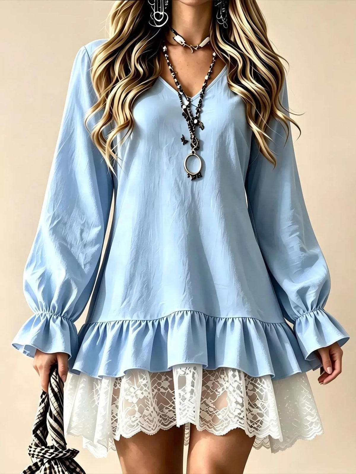 V-Neck Long Sleeve Ruffle Hem Lace Trim Mini Dress