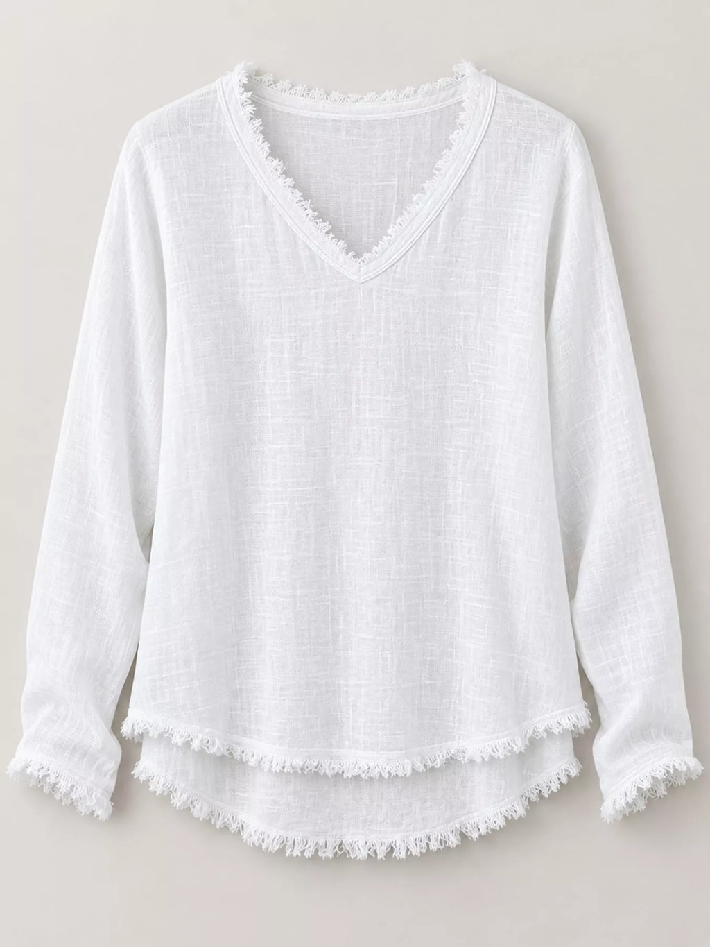Full Size Frayed Hem V-Neck Long Sleeve Blouse Plus Size