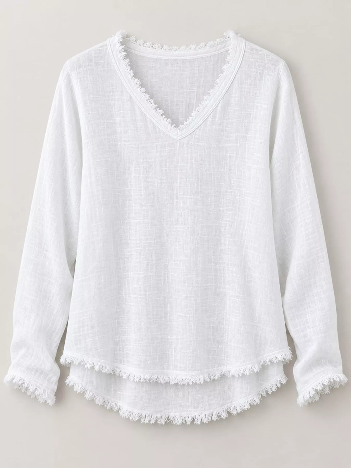 Full Size Frayed Hem V-Neck Long Sleeve Blouse Plus Size