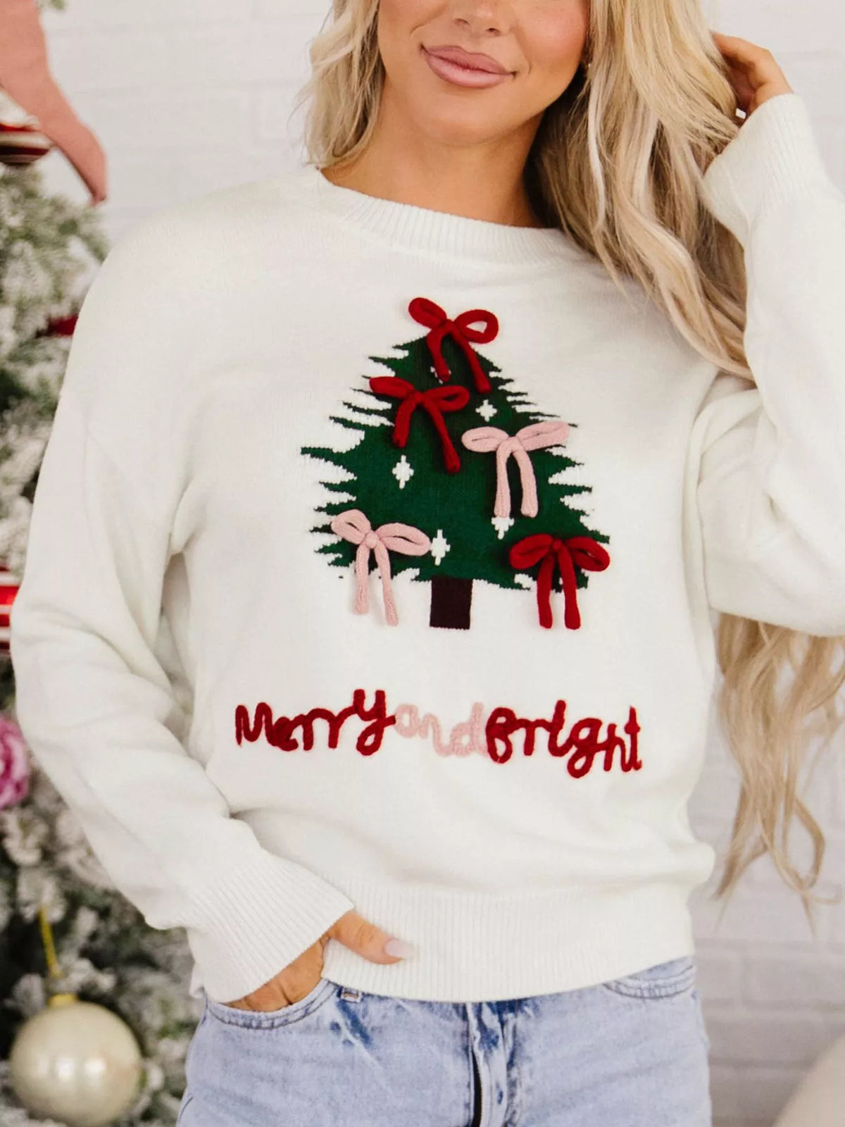 Christmas Tree Bow Drop Shoulder Knit Sweater