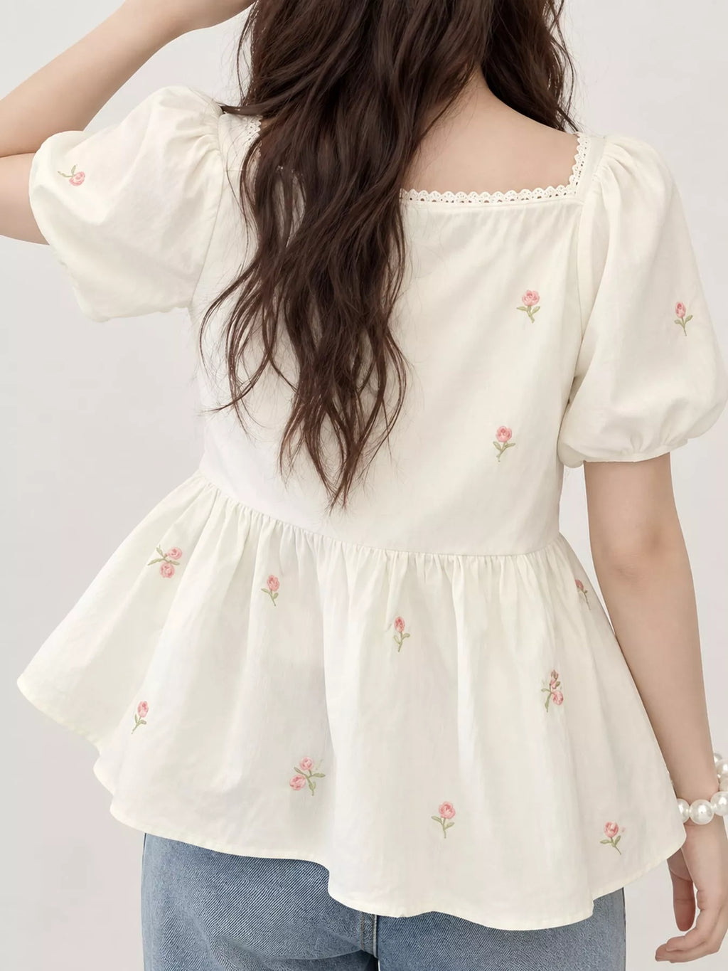 Floral Embroidered Puff Sleeve Peplum Blouse