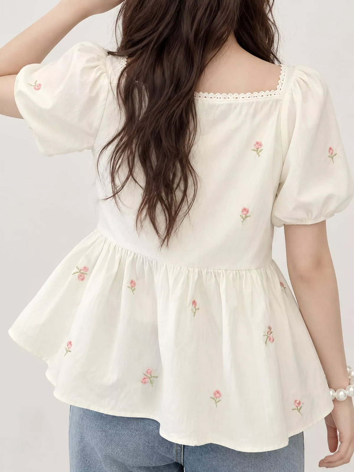Floral Embroidered Puff Sleeve Peplum Blouse