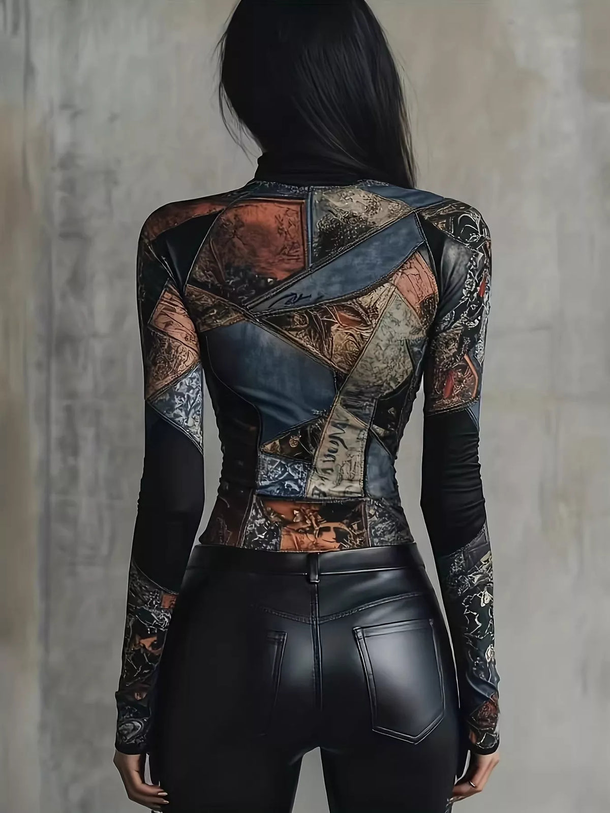 Patchwork Printed Mock Neck Long Sleeve T-Shirt