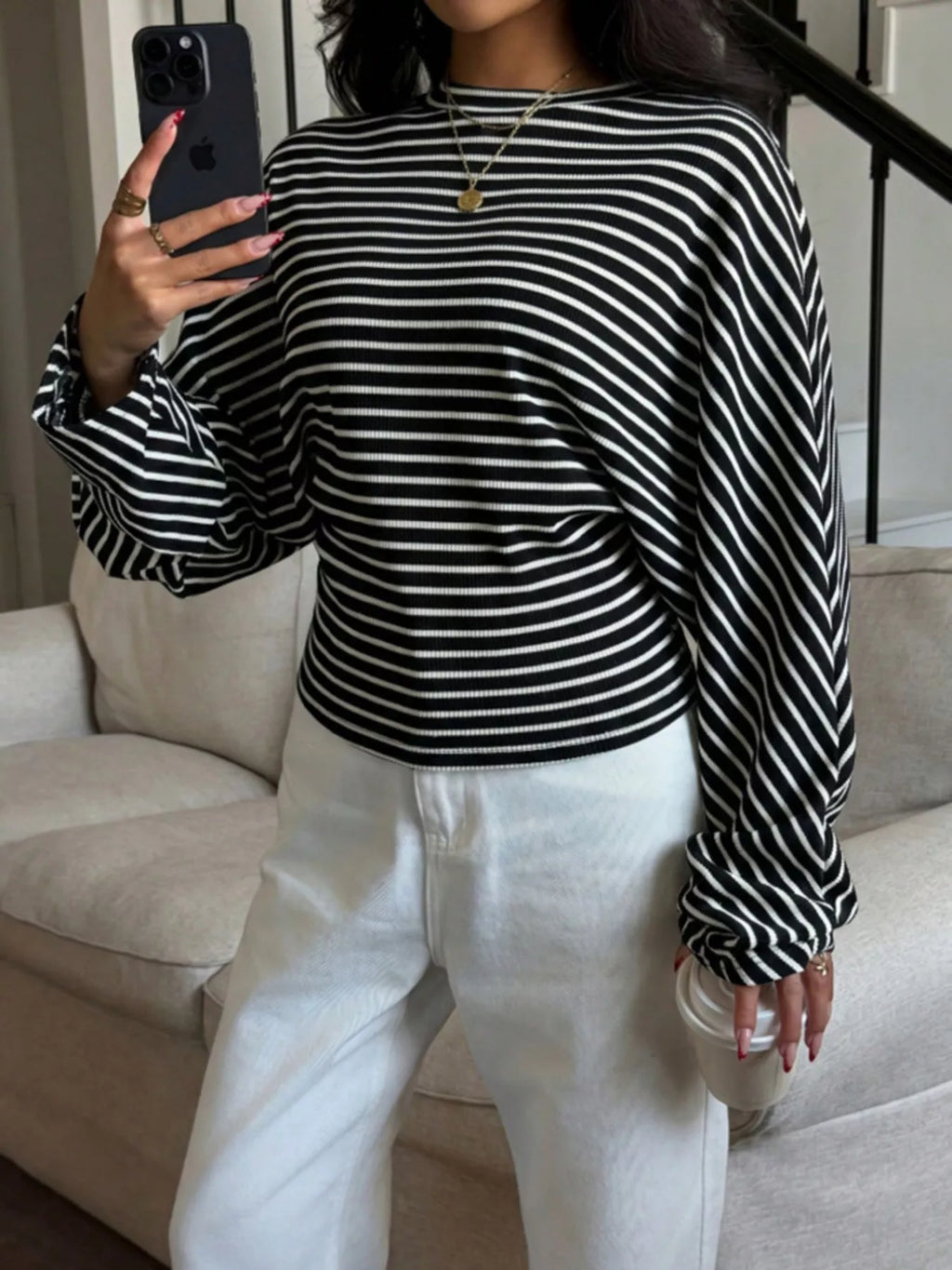 Casual Striped Long Sleeve Batwing T-Shirt