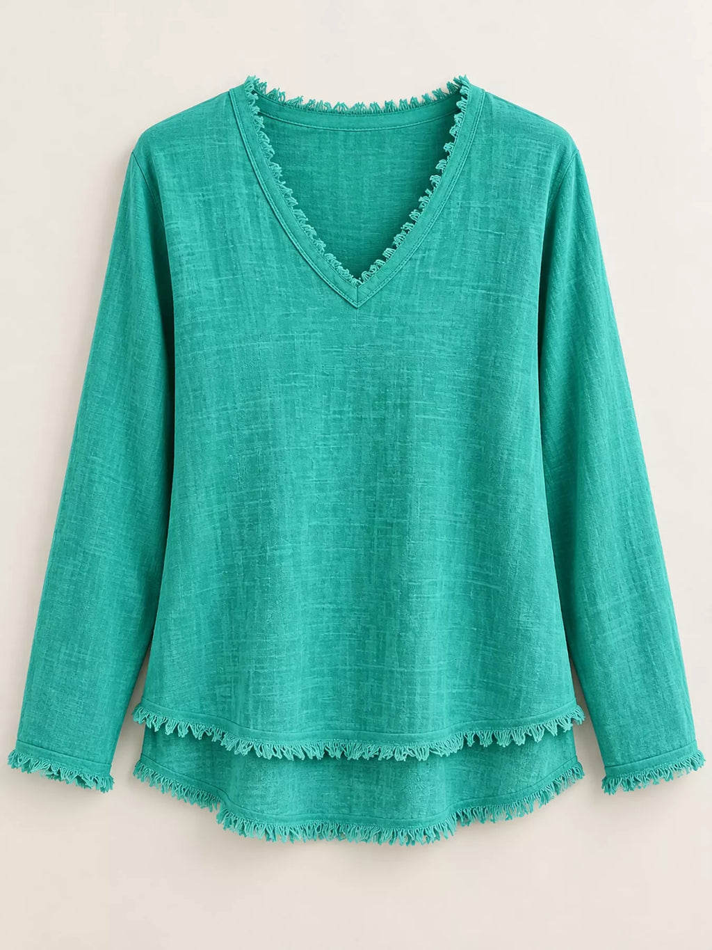 Full Size Frayed Hem V-Neck Long Sleeve Blouse Plus Size