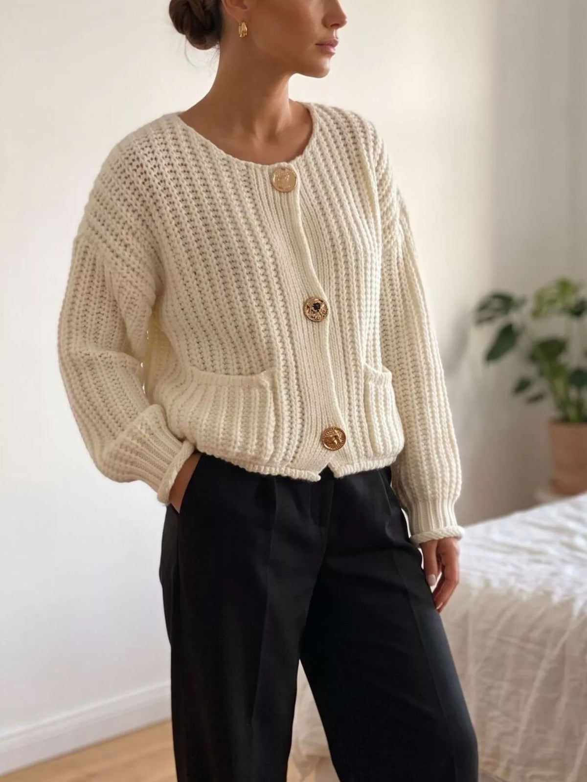 Ribbed Knit Cardigan with Gold-Tone Buttons
