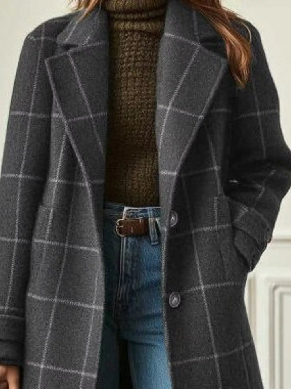 Full Size Plaid Lapel Collar Longline Single-Breasted Overcoat Plus Size