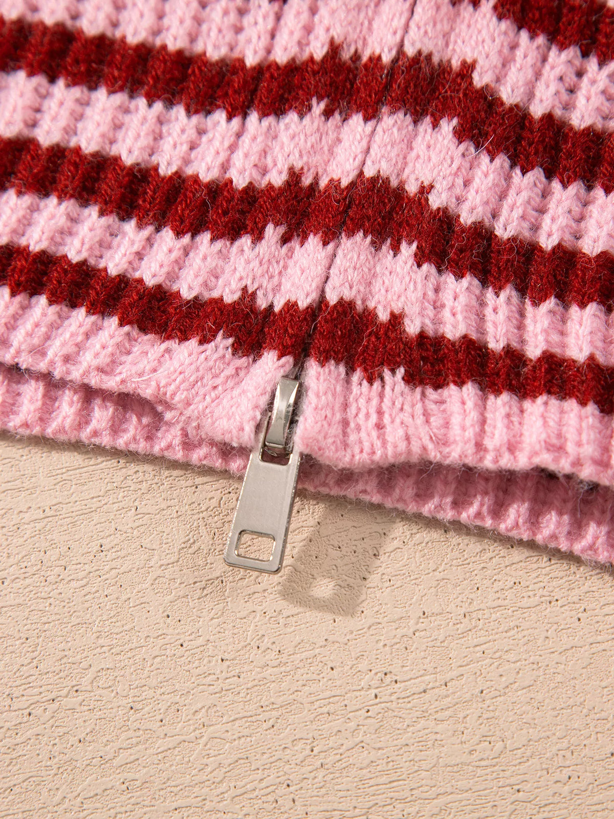 Striped High Neck Zip-up Sweater Long Sleeve Casual Fit Drop Shoulder Open Front Cardigan