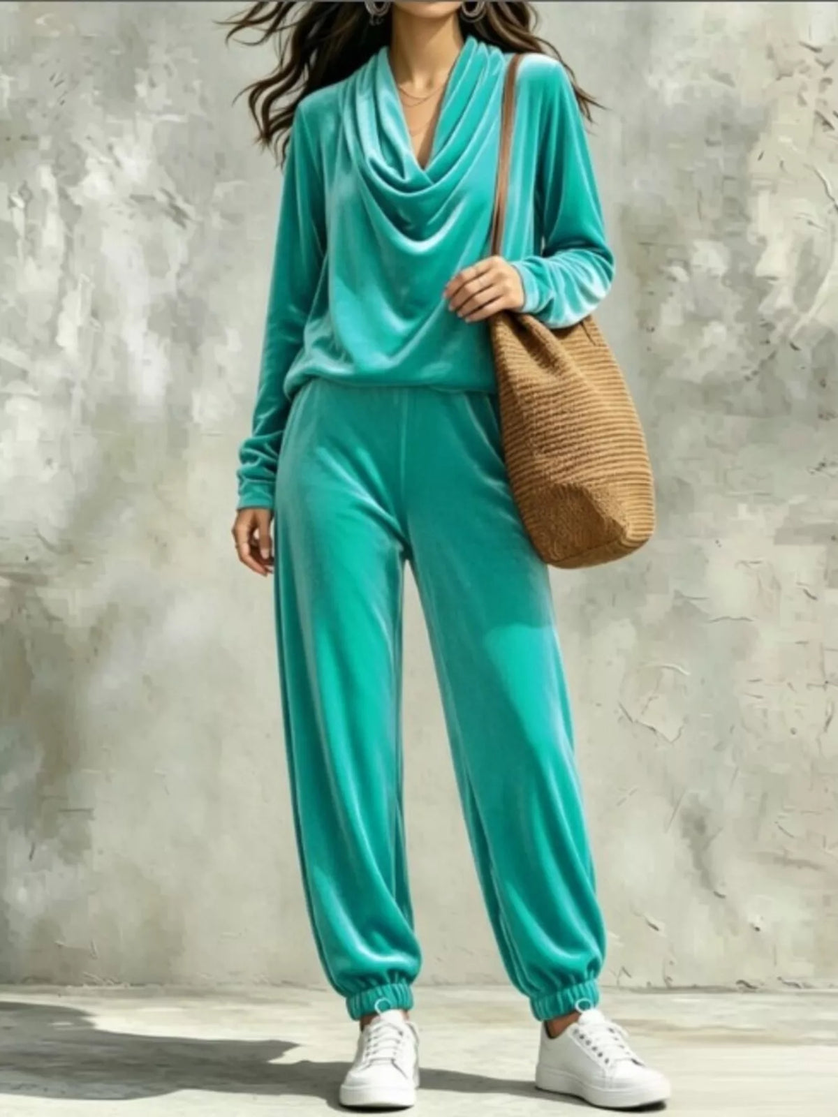 Full Size Velvet Cowl Neck Long Sleeve Top and Pants Set Plus Size