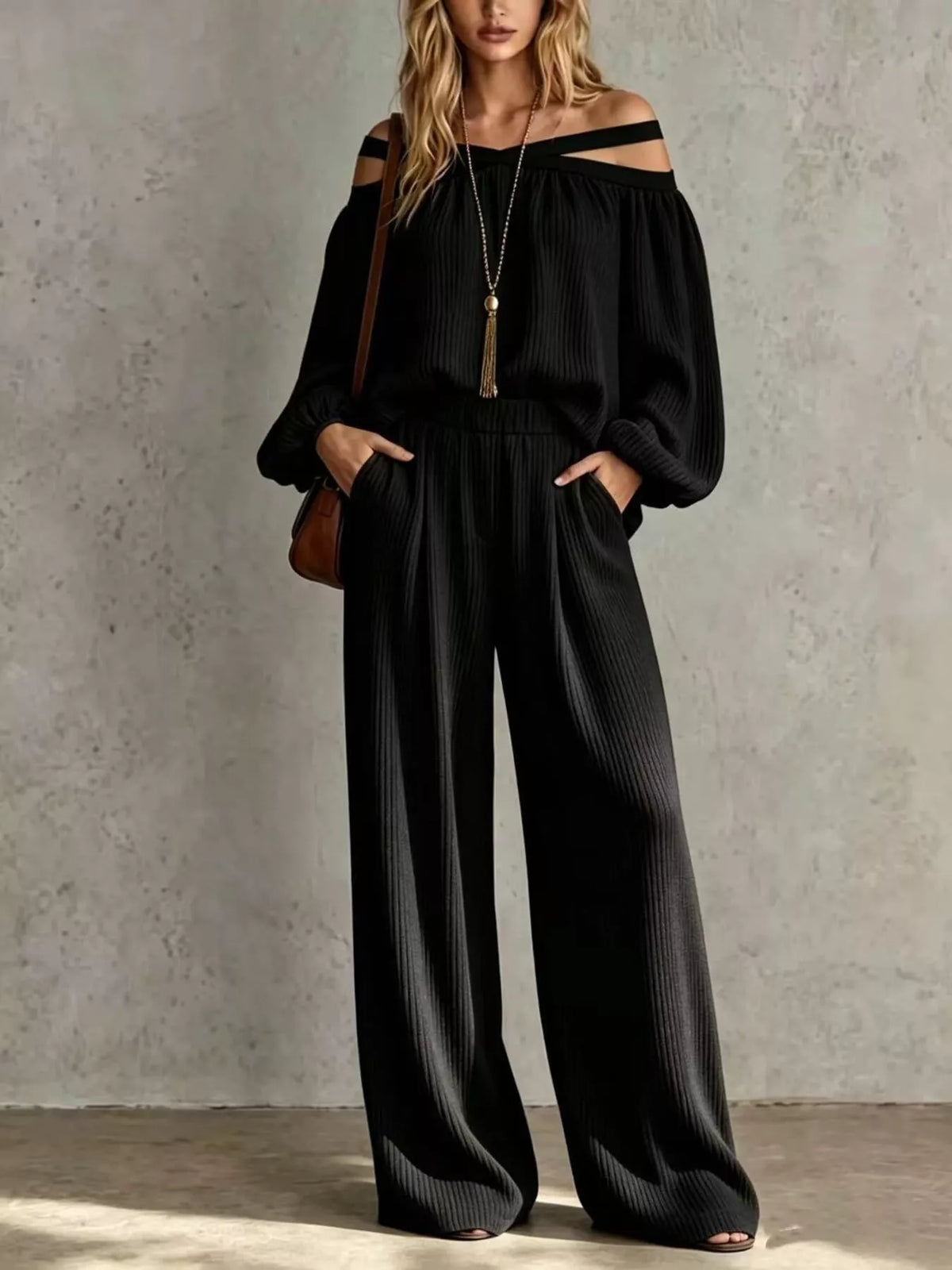 Off-Shoulder Crisscross Cutout Ribbed Knit Top and Wide-Leg Pants Set