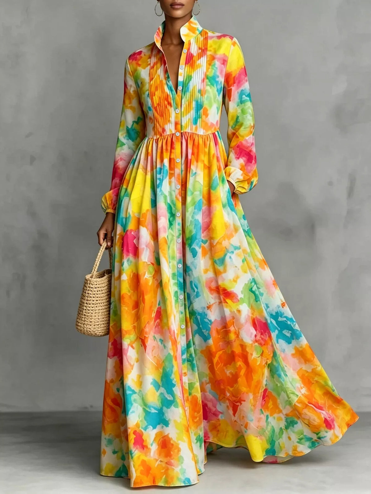 Watercolor Print Long-Sleeve Button-Down Maxi Dress