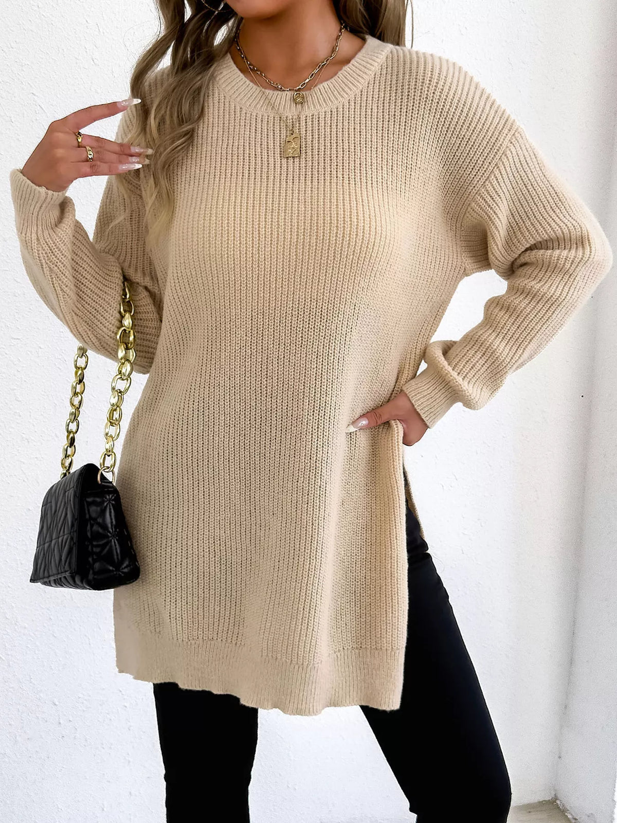 Side-Slit Dropped Shoulder Sweater