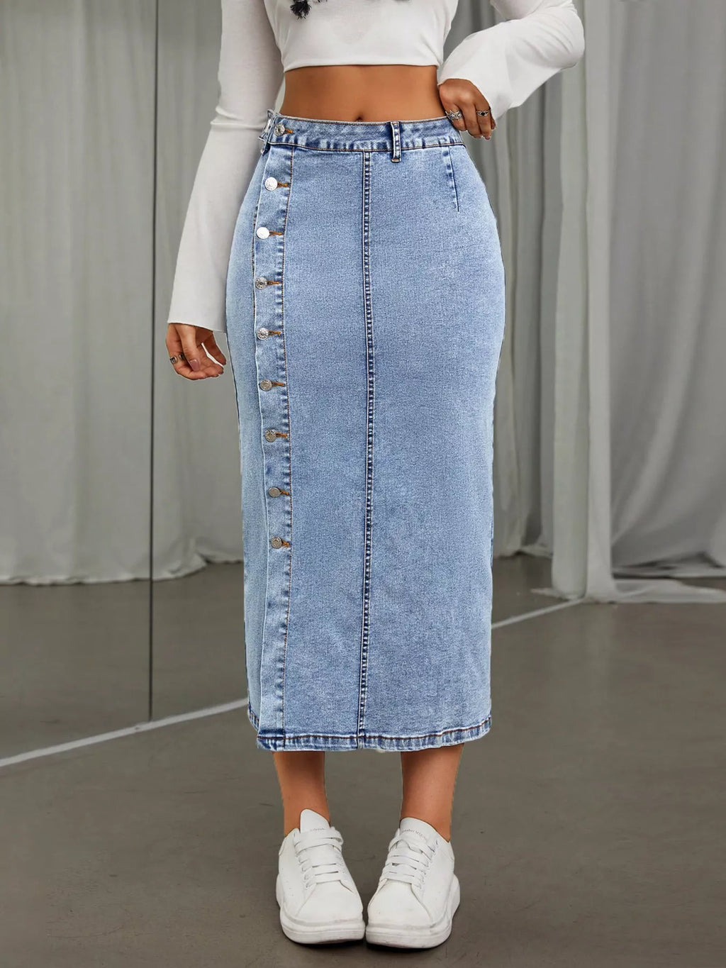 Side Button Slit Denim Midi Skirt