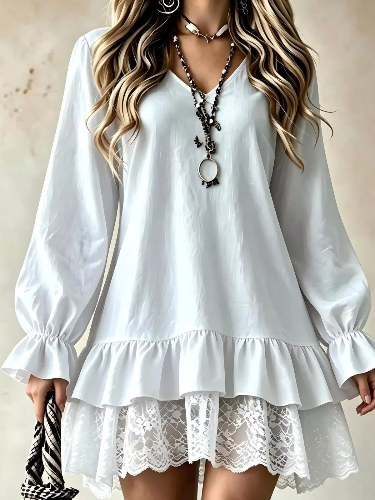 V-Neck Long Sleeve Ruffle Hem Lace Trim Mini Dress