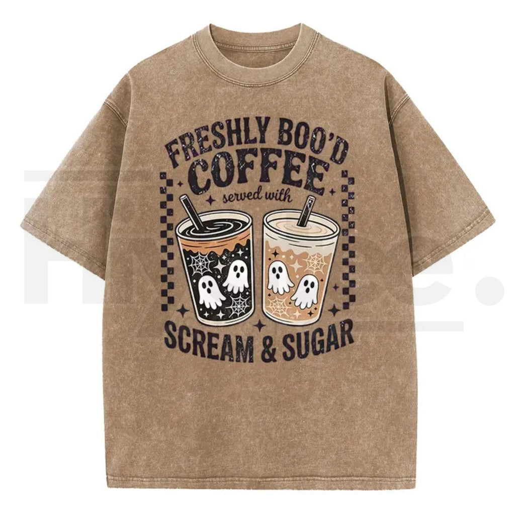 Holafish Funny Scream & Sugar Ghost Coffee T-Shirt – Retro Washed Oversized Fall Graphic Cotton Tee