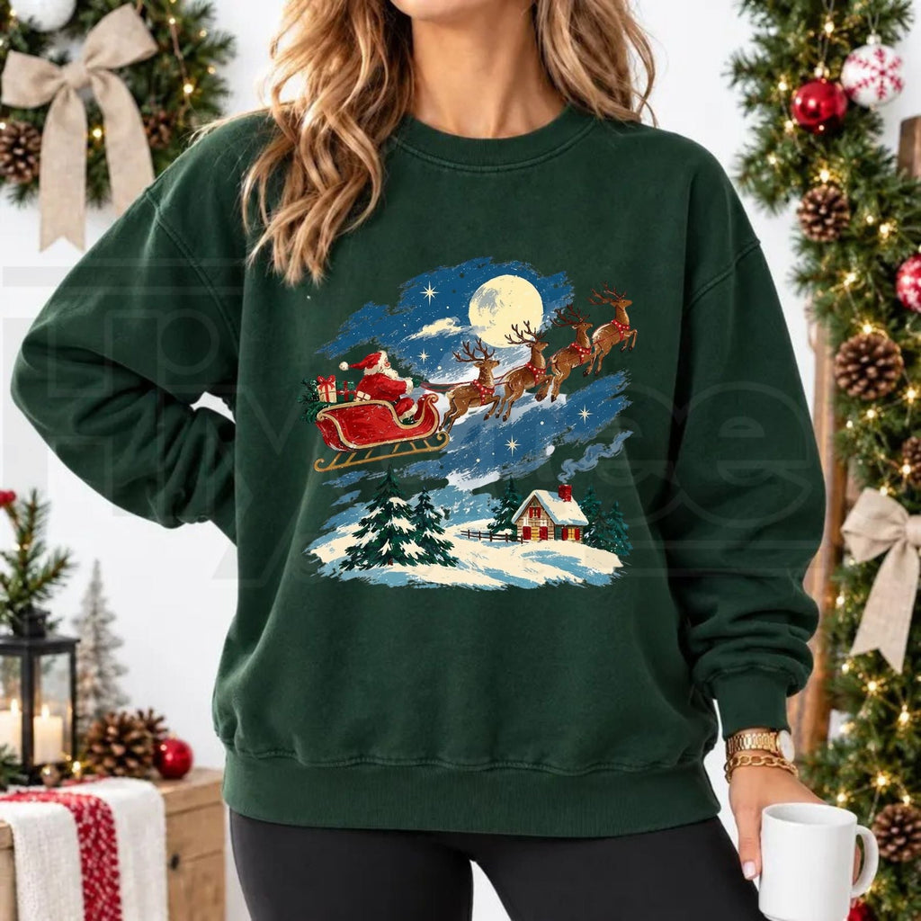 Vintage Santa Sleigh Reindeer Christmas Sweatshirt, Snowy Cottage Winter Holiday Pullover