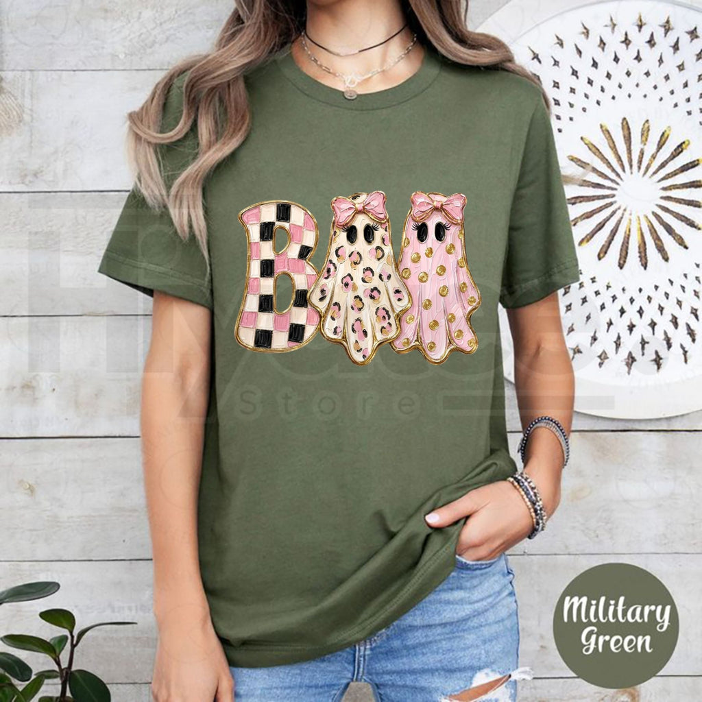 Girly Ghost Boo T-Shirt – Glam Preppy Coquette Bow Halloween Graphic Tee