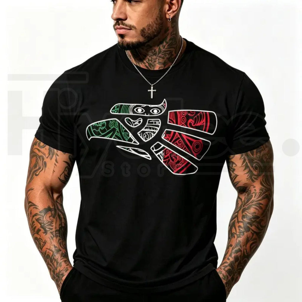 Latino Heritage Mexico Eagle Tribal Art T-Shirt – Mexican Flag Tattoo Style Tee