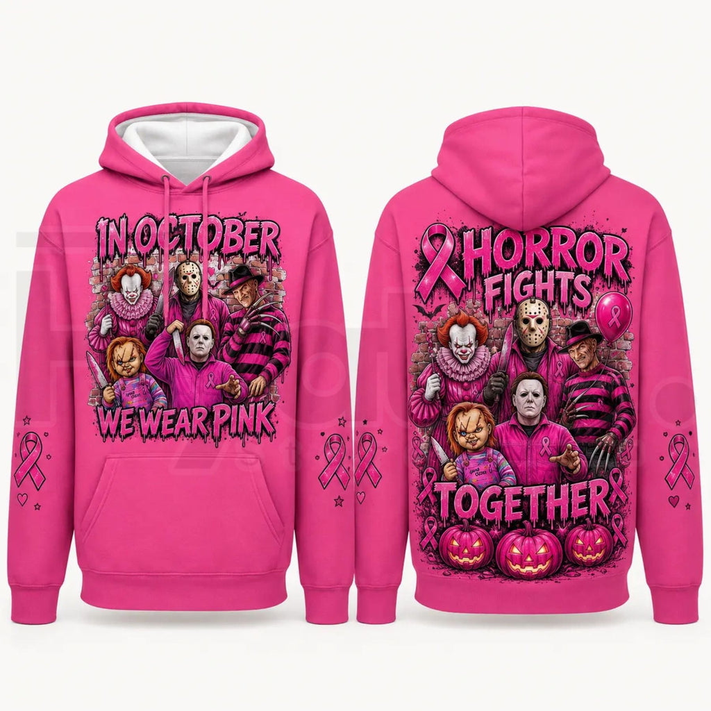 Pink Horror October Hoodie – In October We Wear Pink Scary Movie Character Pumpkin Bat Graphic Pullover