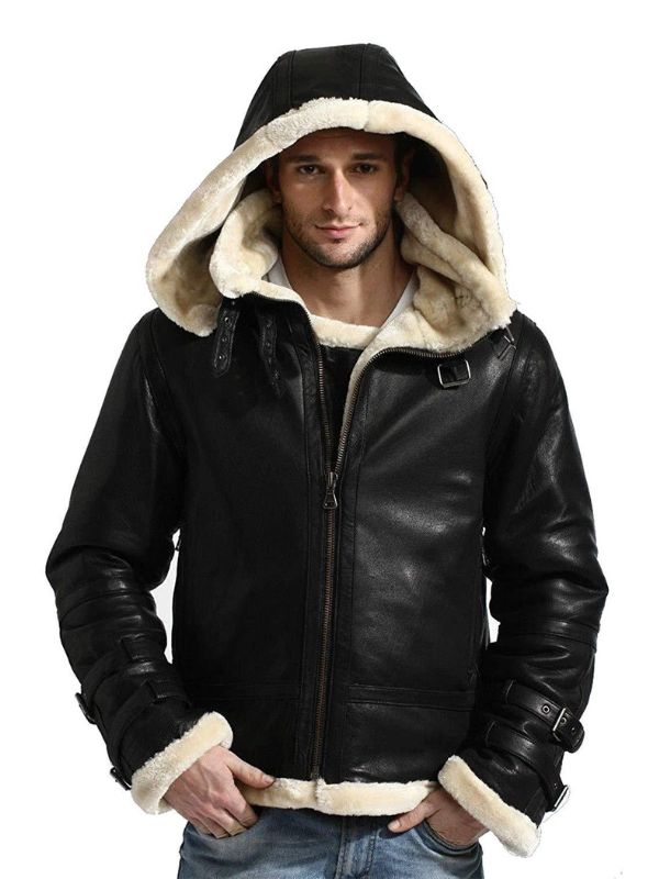 Men's Black Hooded B3 Leather Jacket