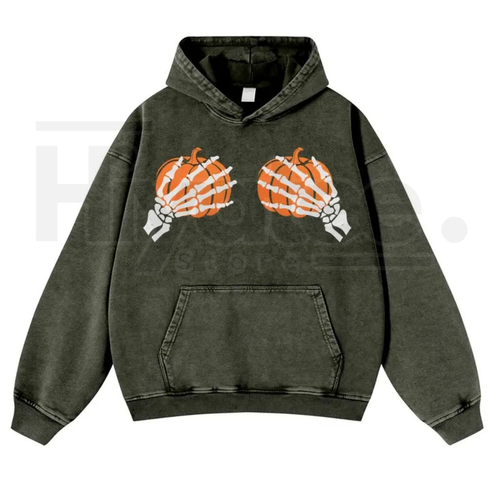 Skeleton Hands Holding Pumpkin Hoodie – Playful Gothic Halloween Aesthetic