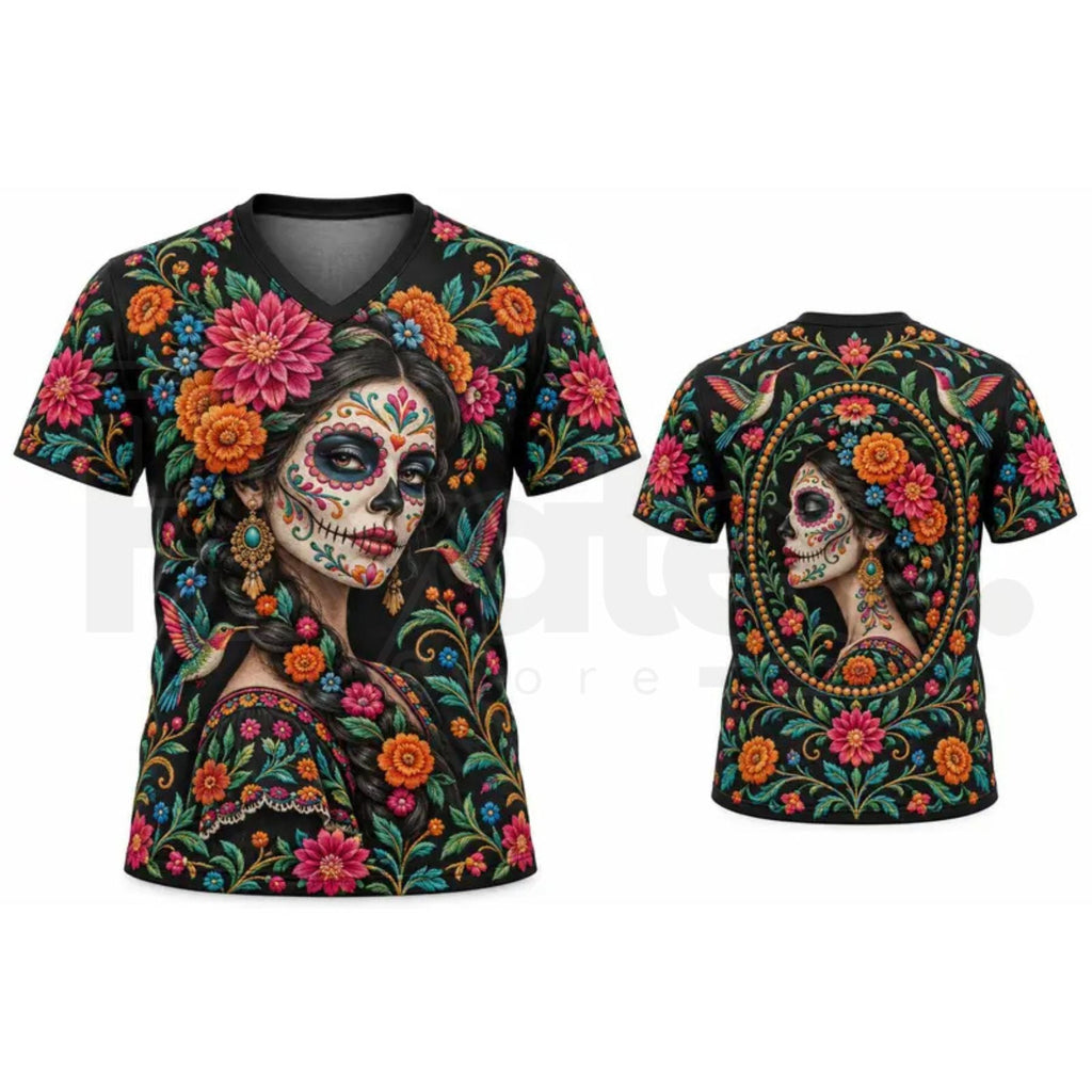 Lady's Mexican Día de los Muertos Skull La Catrina V-Neck Sports Top