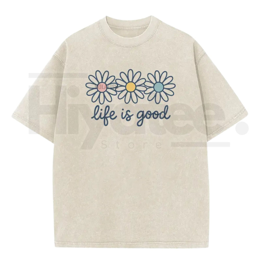 Holafish Acid Wash Daisy Print T-Shirt – Vintage Streetwear Drop Shoulder Graphic Tee
