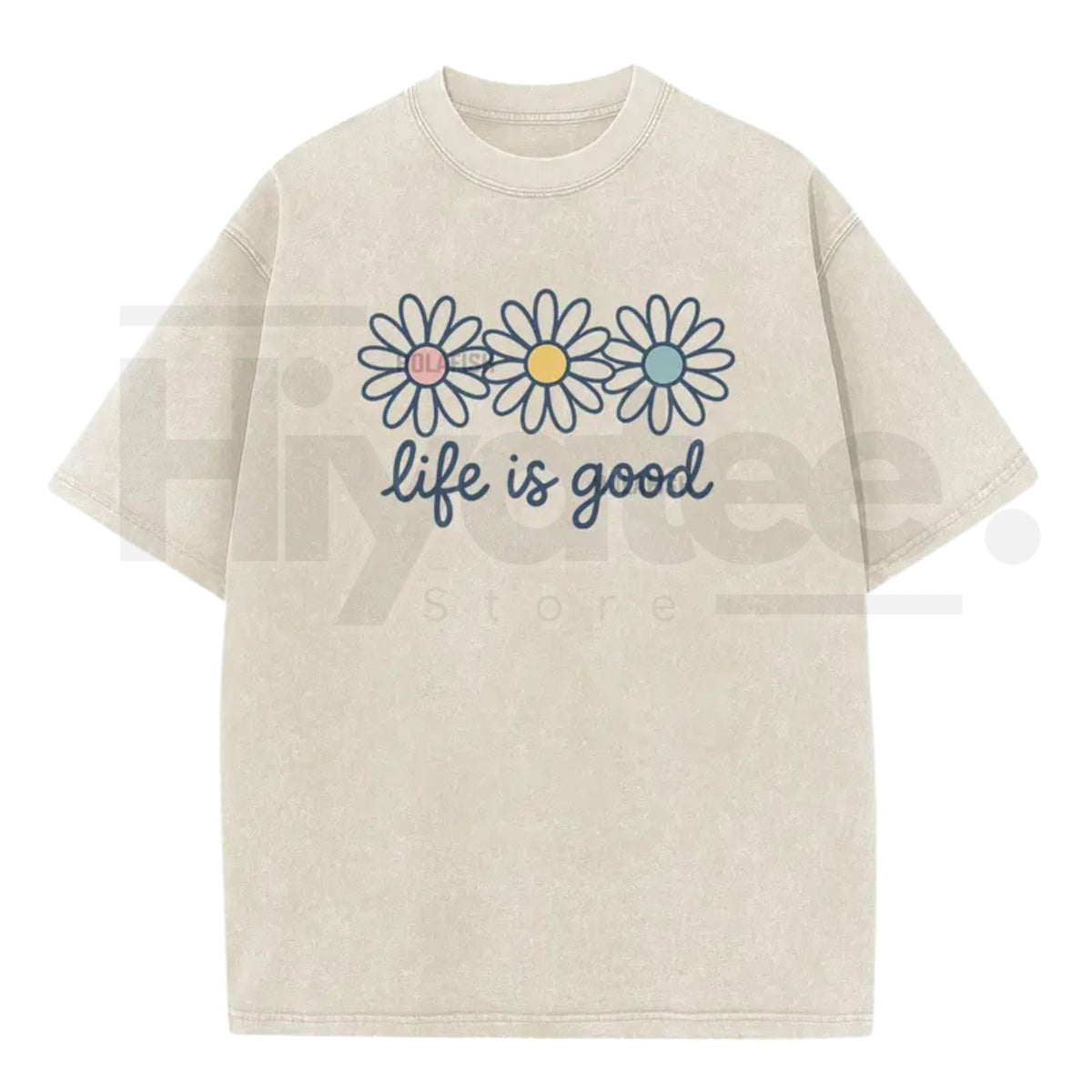 Holafish Acid Wash Daisy Print T-Shirt – Vintage Streetwear Drop Shoulder Graphic Tee