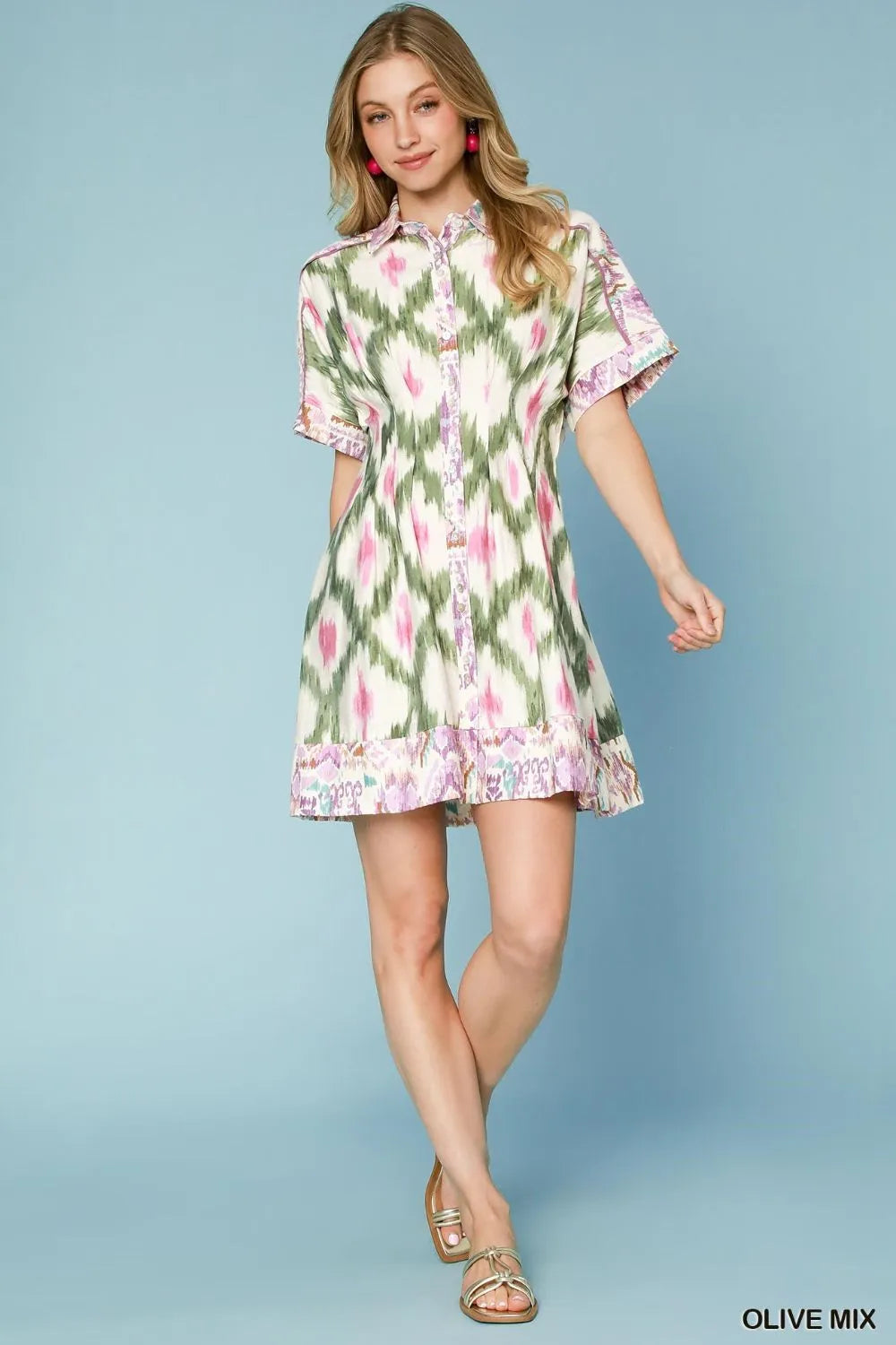 Umgee Ethnic Print Short Sleeve Mini Shirt Dress