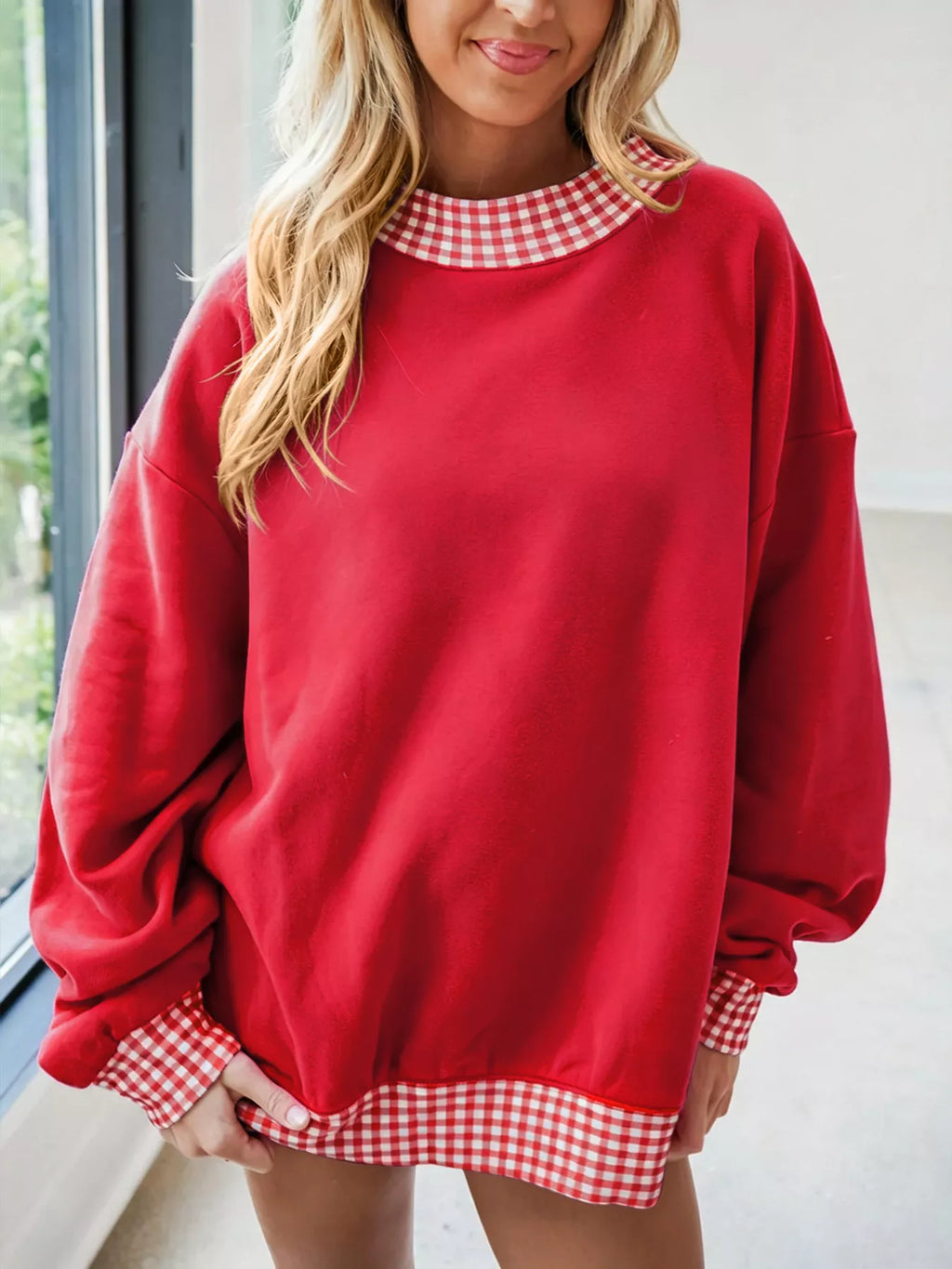 Gingham Trim Dropped Shoulder Sweatshirt