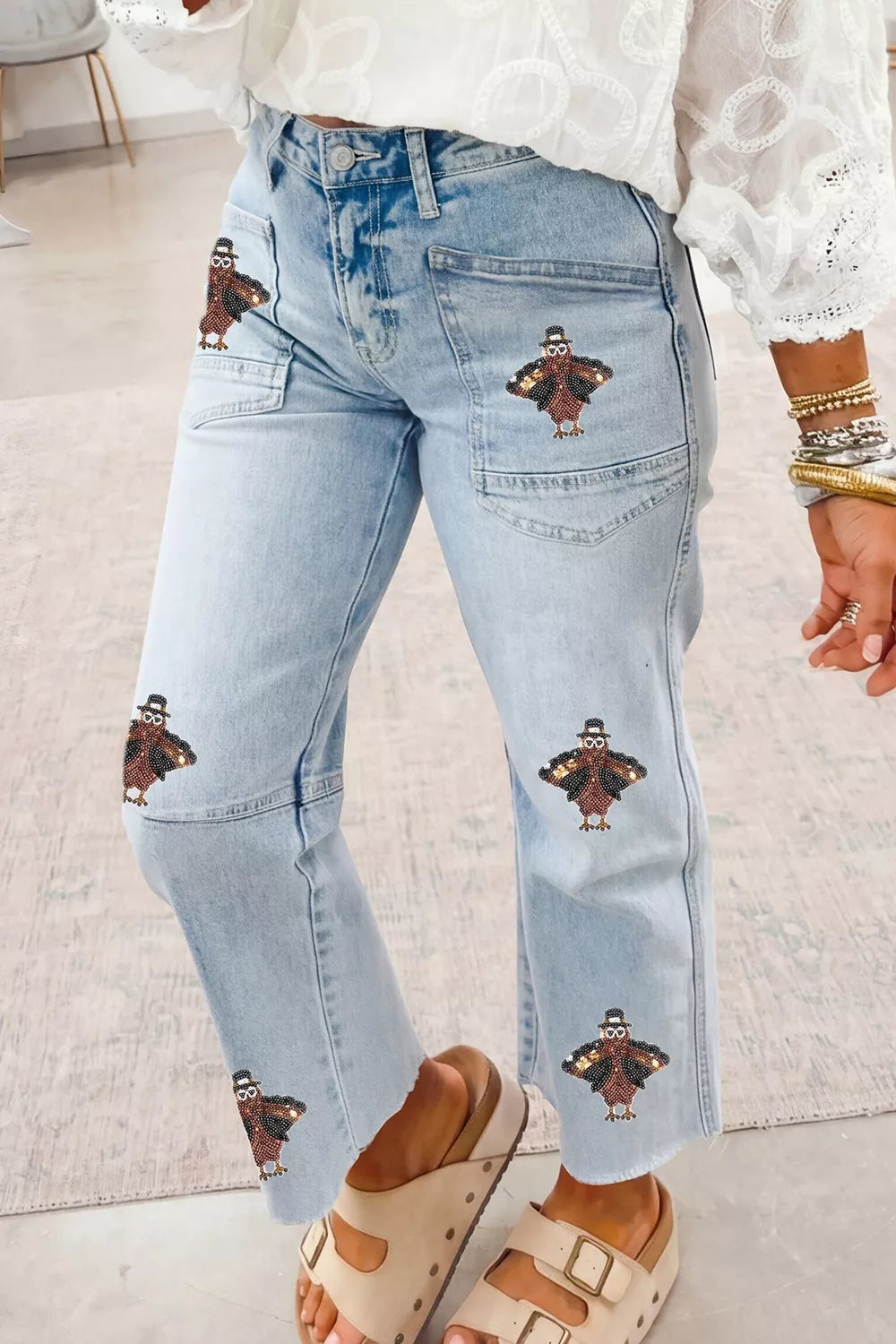 Sequin Turkey Patch Pocket Raw Hem Ankle Length Jeans