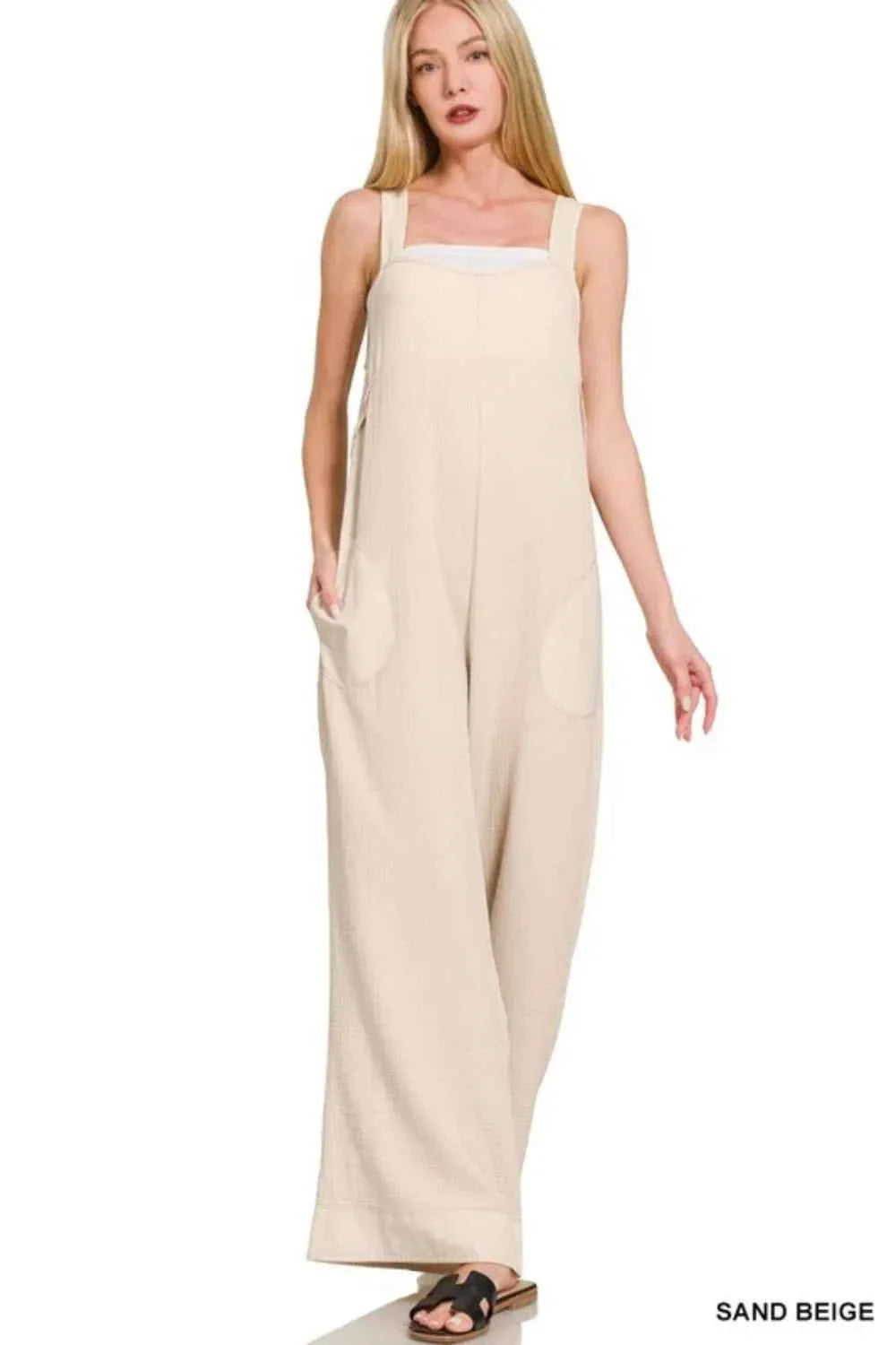Double Gauze Washed Wide Leg Overalls with Pockets