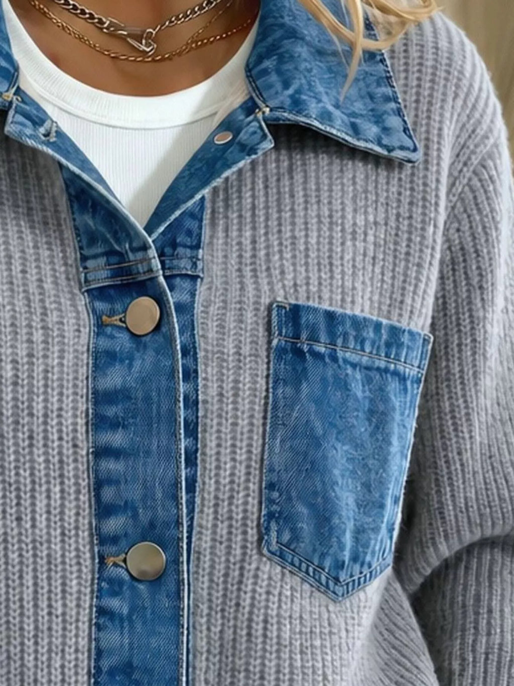 Denim Trim Button Up Cardigan