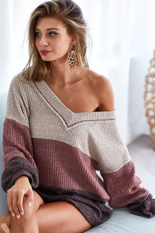 BiBi Color Block Out Stitching V-Neck Knit Top