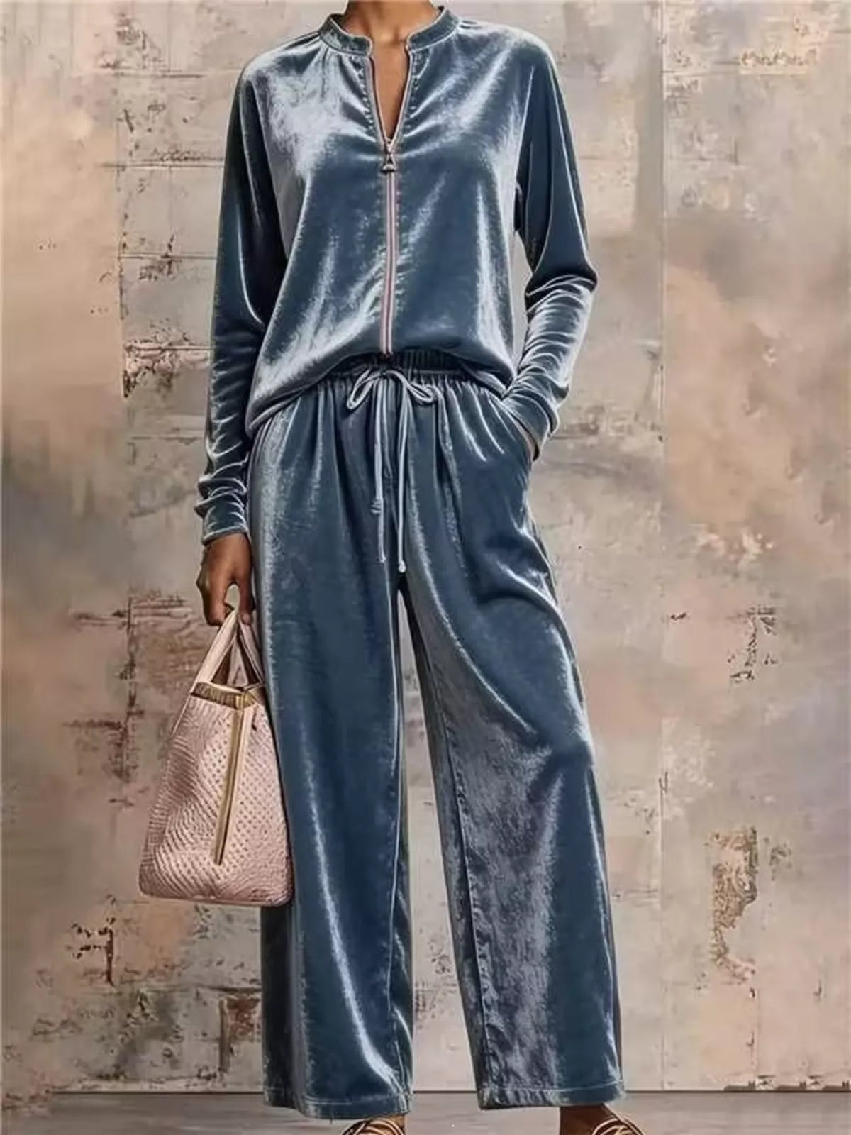Velvet Zip-Up Top and Pants Set