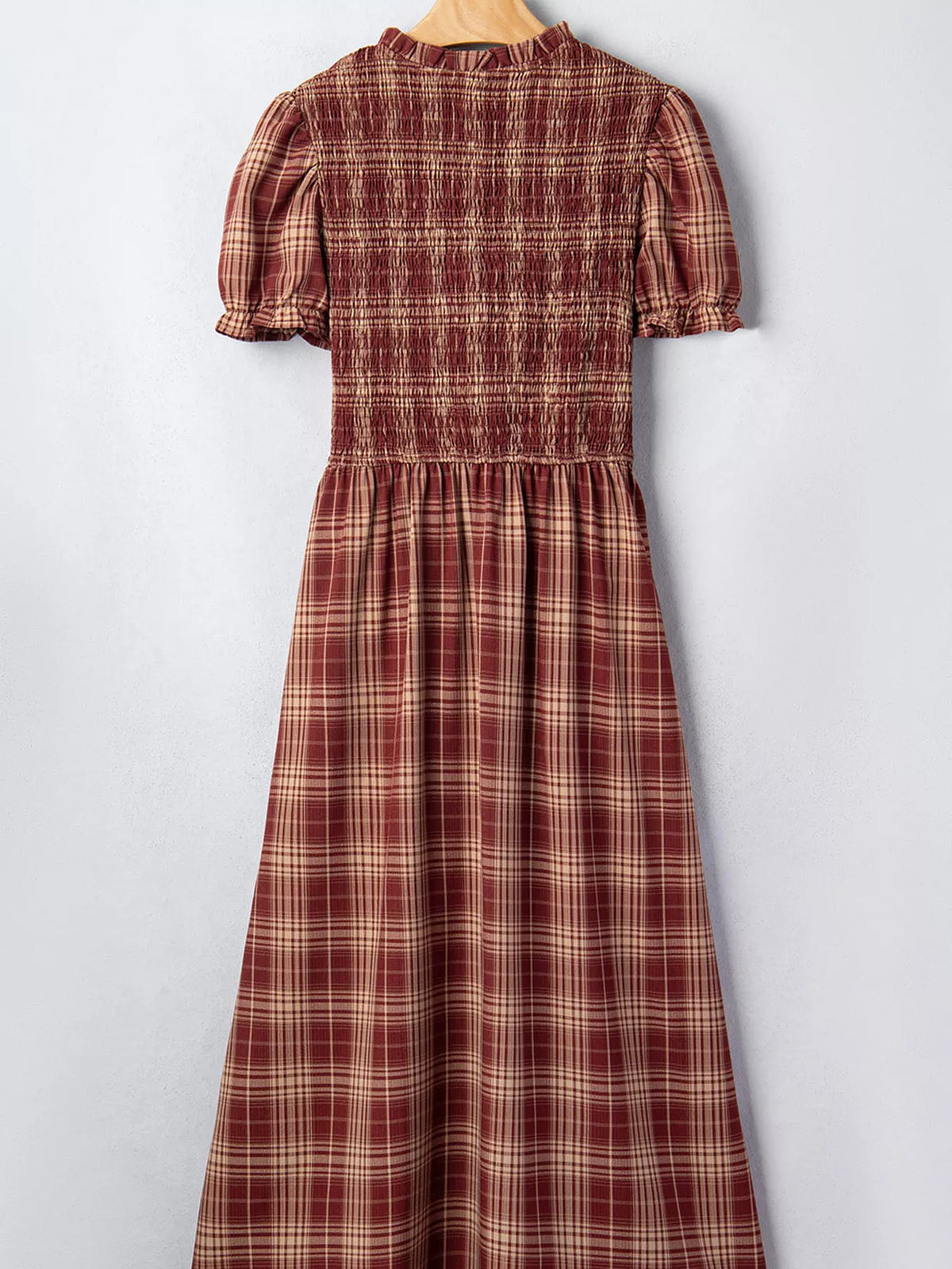 Plaid Knot Front Smocked High Waist Midi Dress