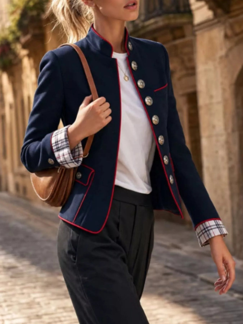 Military-Inspired Stand Collar Jacket with Red Piping