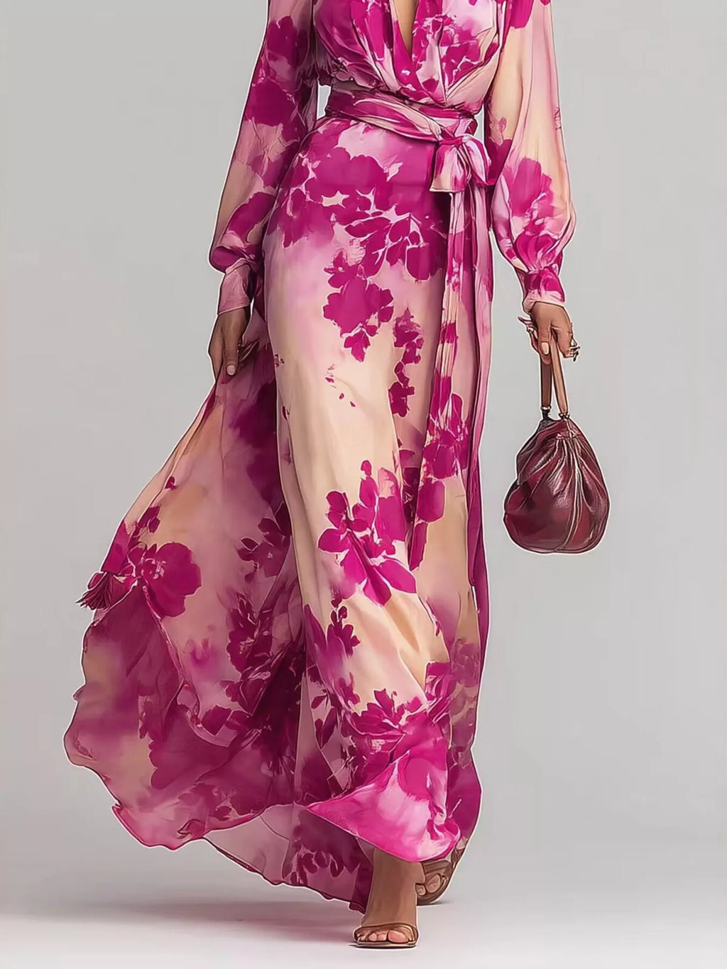 Floral Print Maxi Dress with Waist-Tie Detail