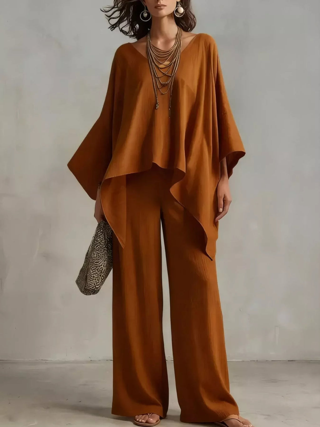 Full Size V-Neck Batwing Sleeve Top and Wide-Leg Pants Two-Piece Set Plus Size