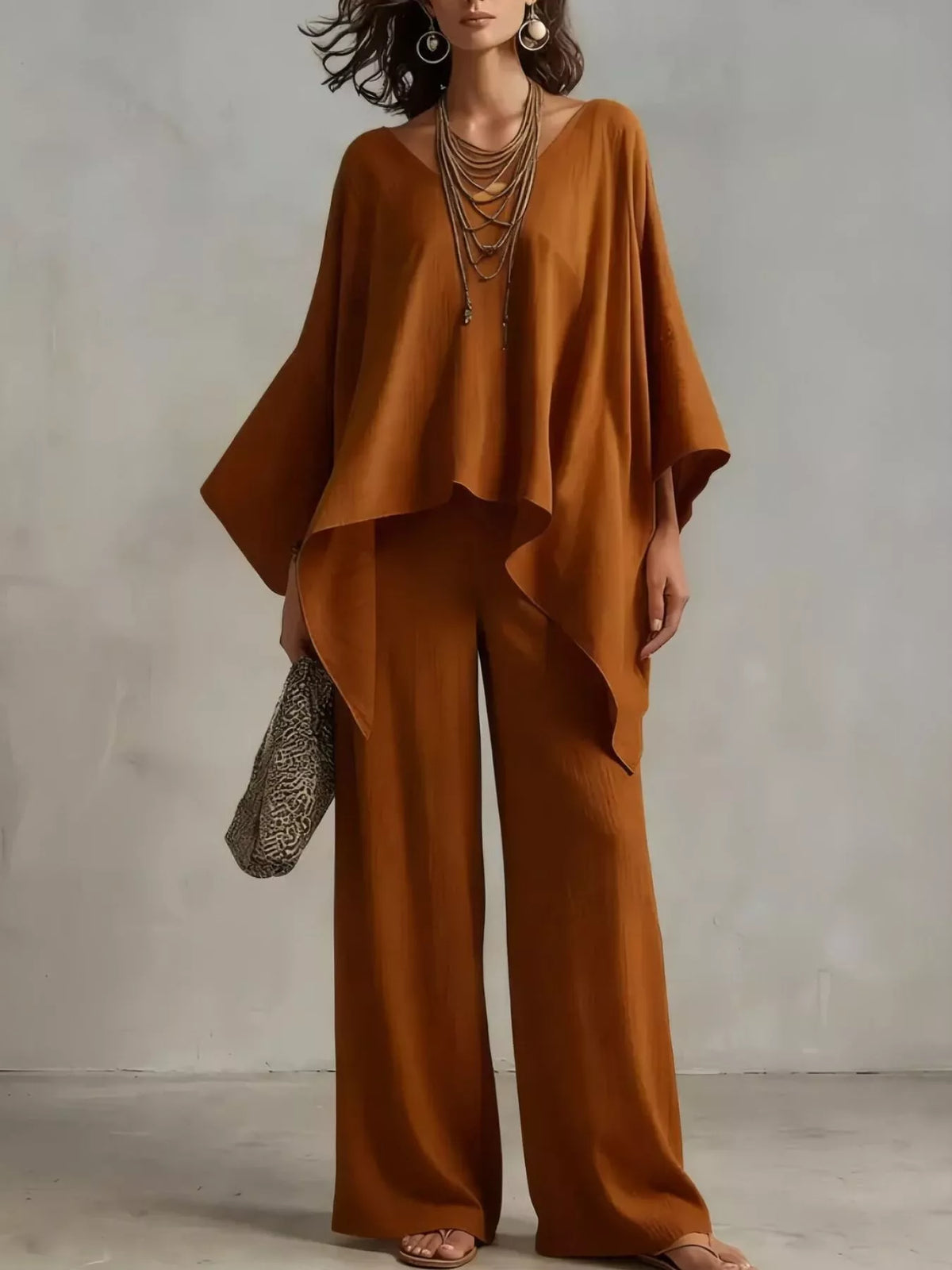 Full Size V-Neck Batwing Sleeve Top and Wide-Leg Pants Two-Piece Set Plus Size