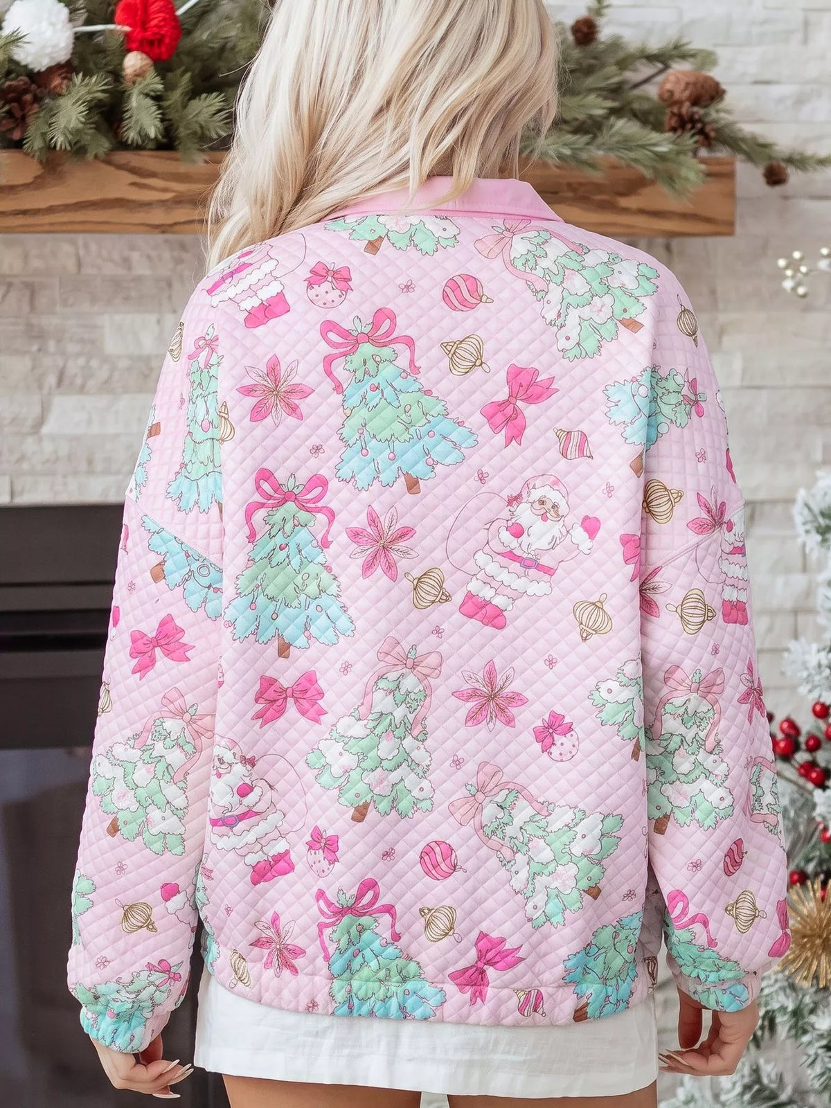 Christmas Print Collar Half Button Loose Sweatshirt