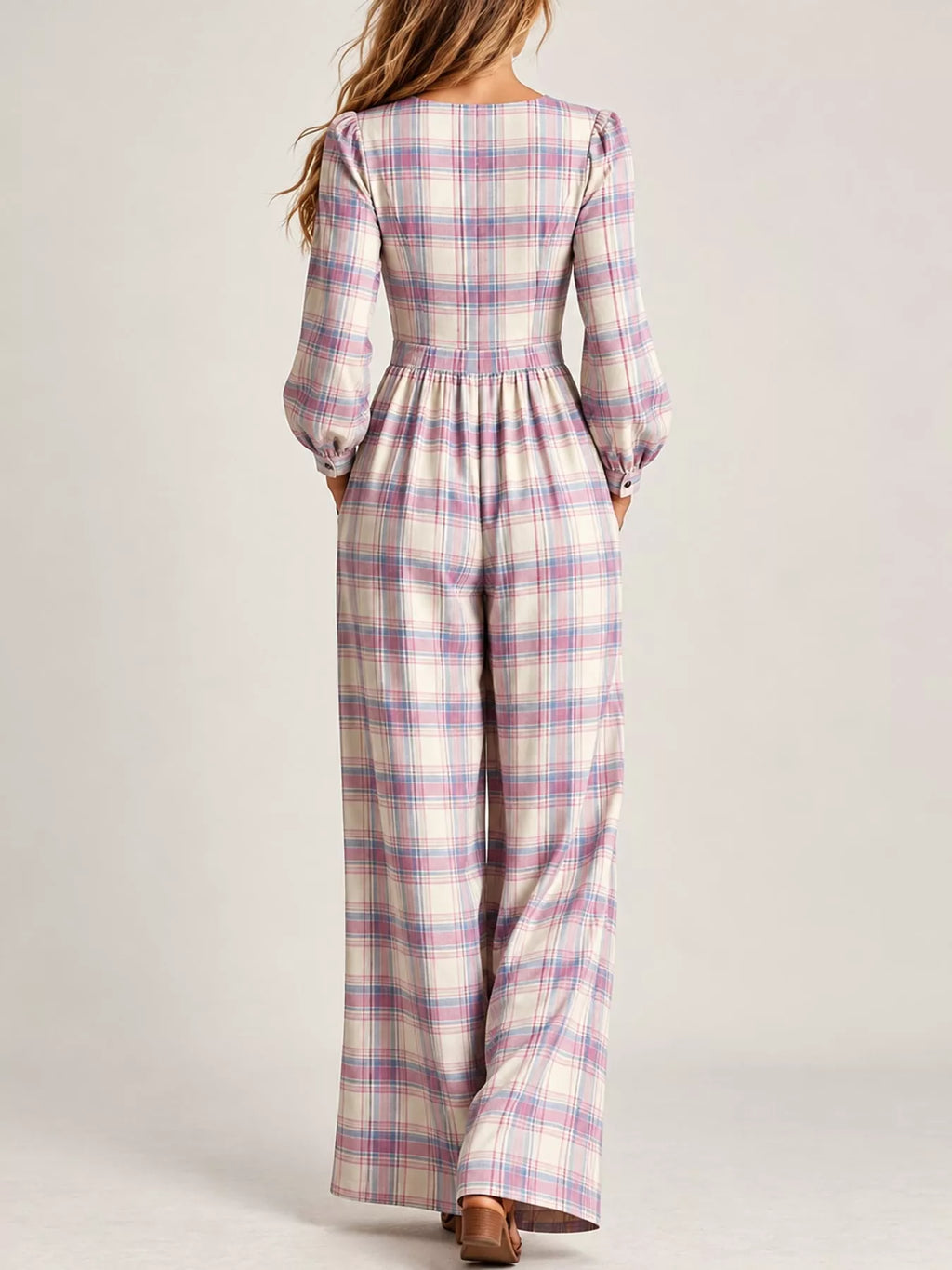 Plaid Square Neck Long Sleeve Wide-Leg Jumpsuit