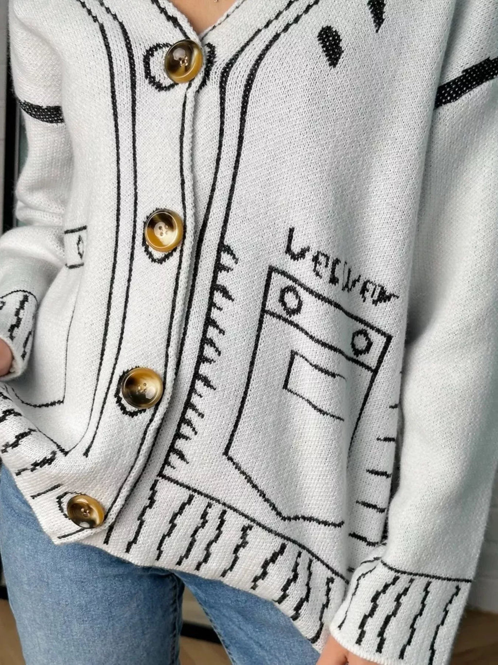 Contrast Graphic V-Neck Button-Down Cardigan