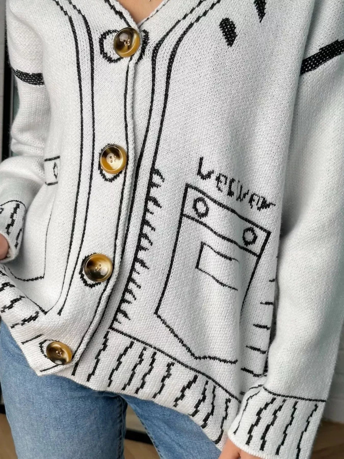 Contrast Graphic V-Neck Button-Down Cardigan