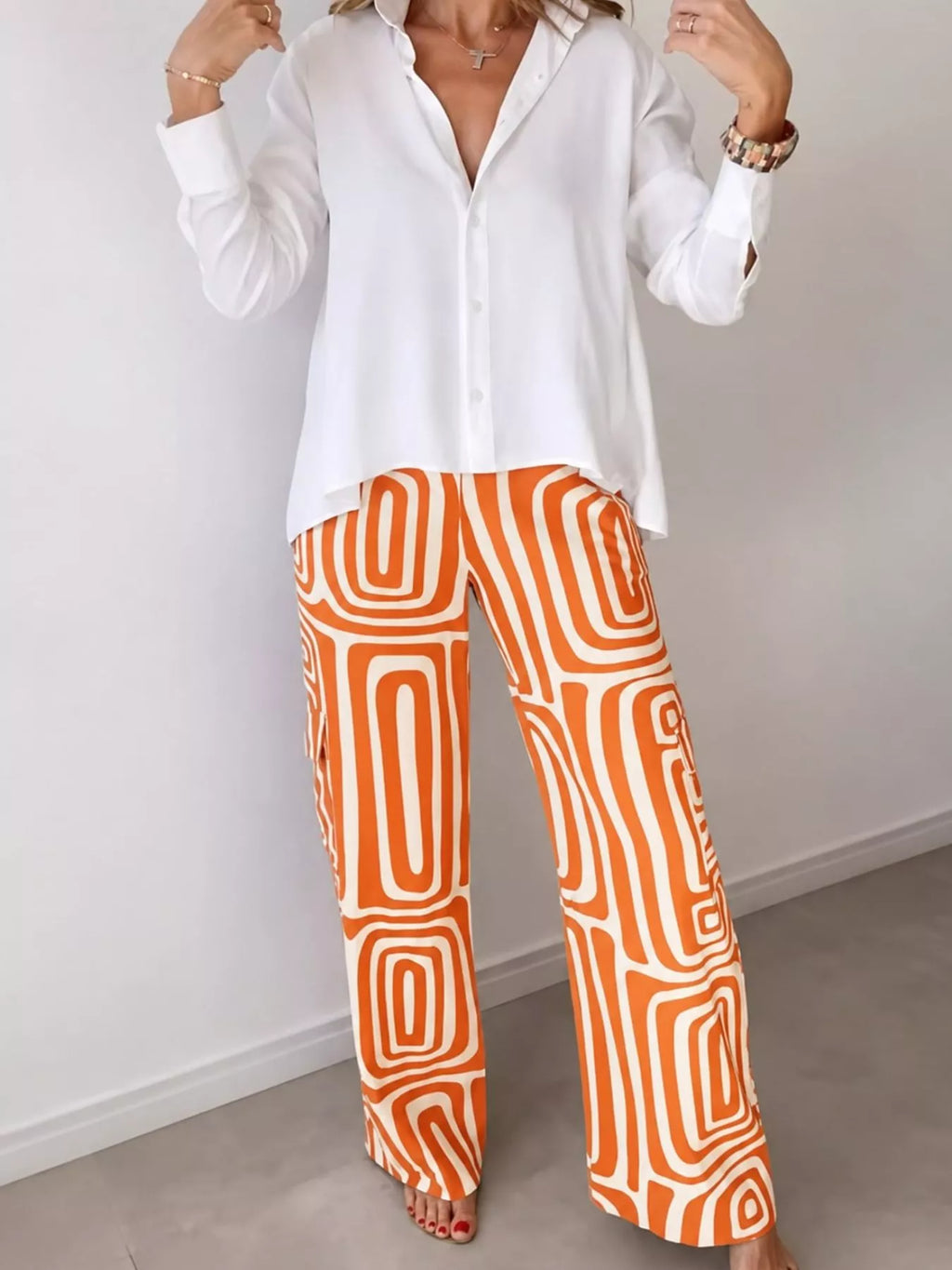 Full Size Chic Button-Down Shirt and Geometric Wide-Leg Pants Set Plus Size