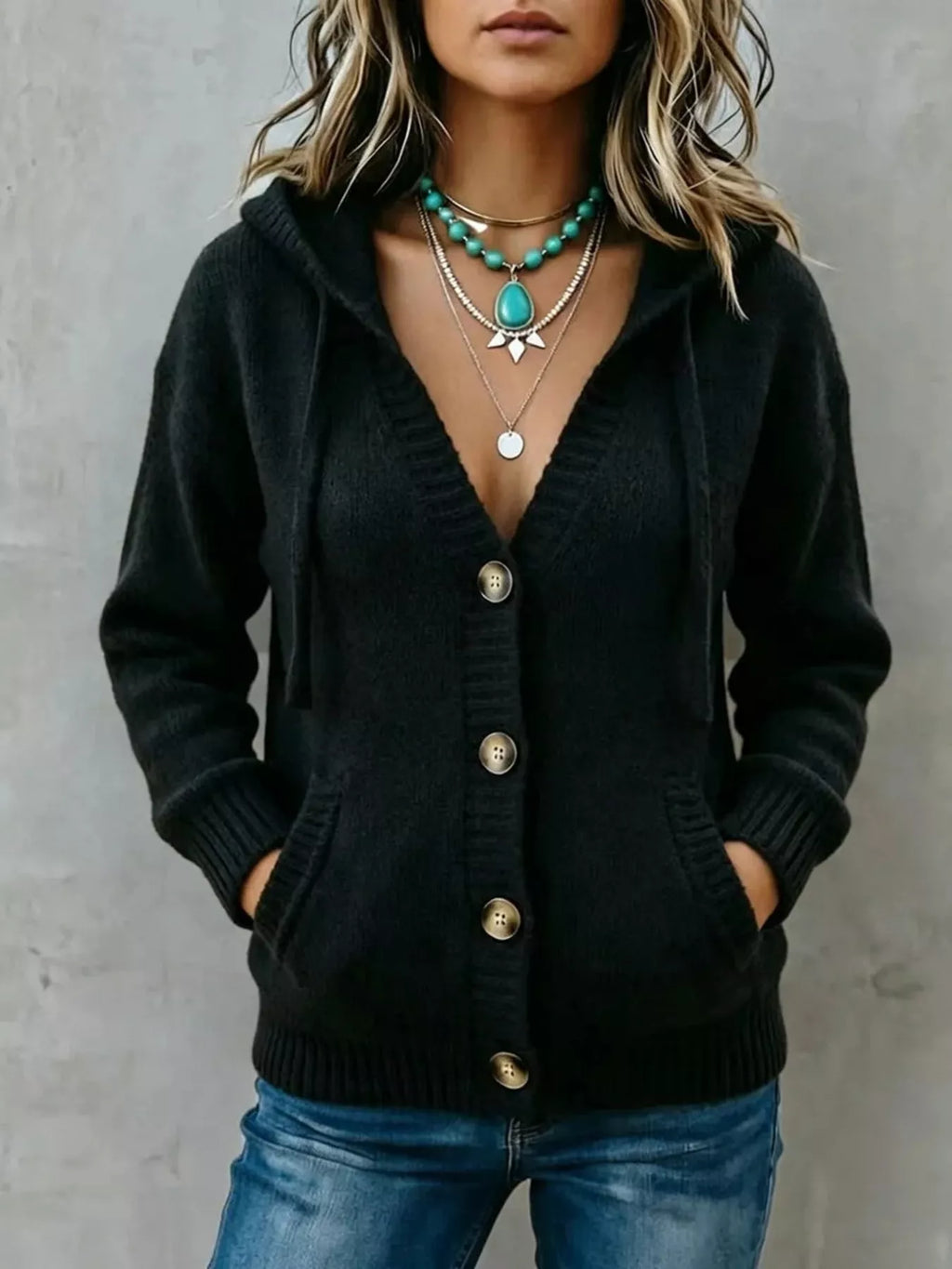 Hooded Button-Down Knit Cardigan with Pockets